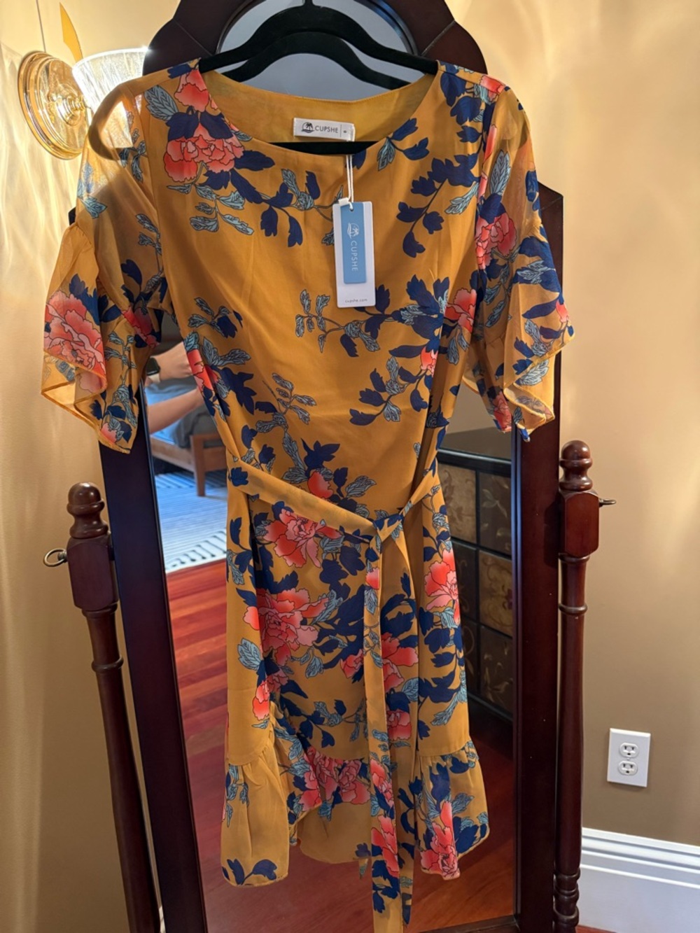 Cupshe Mustard Floral Wrap Midi Dress with Navy & Coral Bloom